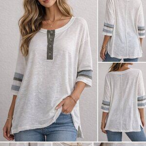Mystree Oversized Slub Knit Henley Tee | Raw Edge | Colorblock Sleeve Stripe NWT